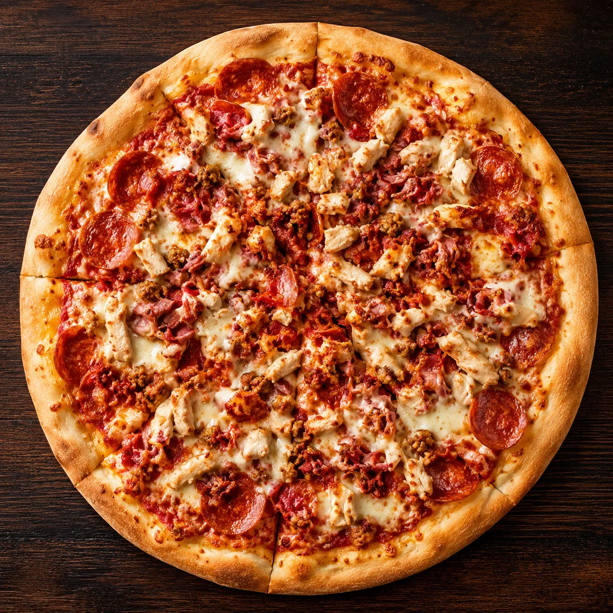 All Meat Pizza with pepperoni, ham, bacon, beef and Italian sausage at Pizza Bank in Calgary, AB