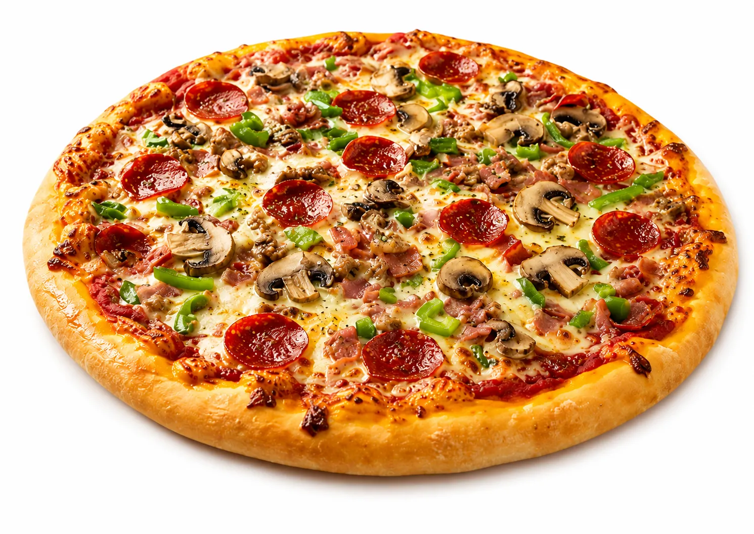 Meat lover pizza loaded with toppings at Pizza Bank Calgary