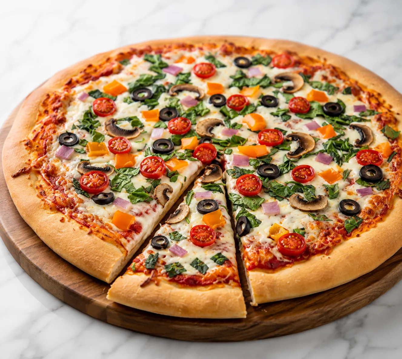 Vegetarian pizza topped with fresh garden vegetables at Pizza Bank Calgary